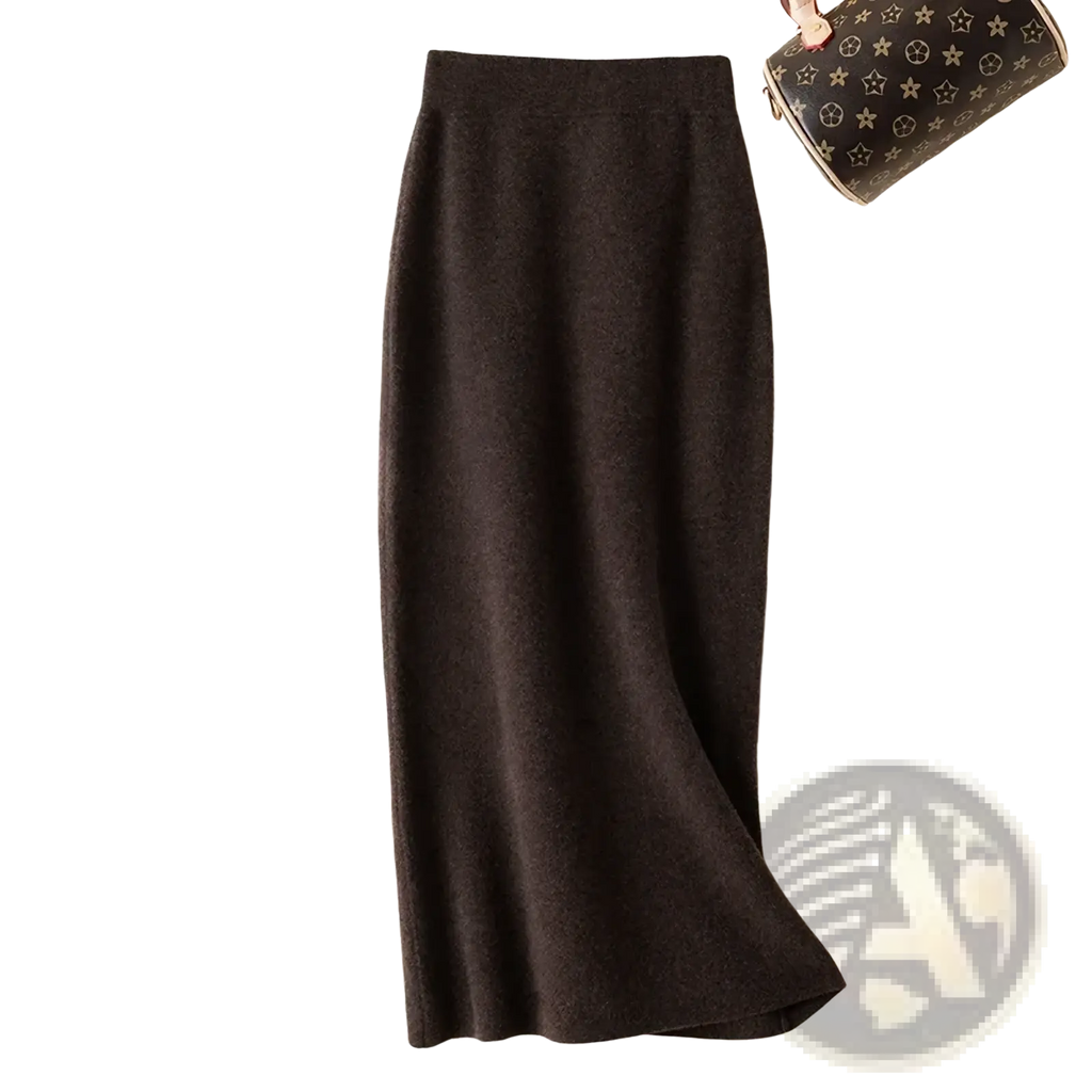 A sleek dark gray wool knit midi pencil skirt with a high waisted cut and smooth textured fabric
