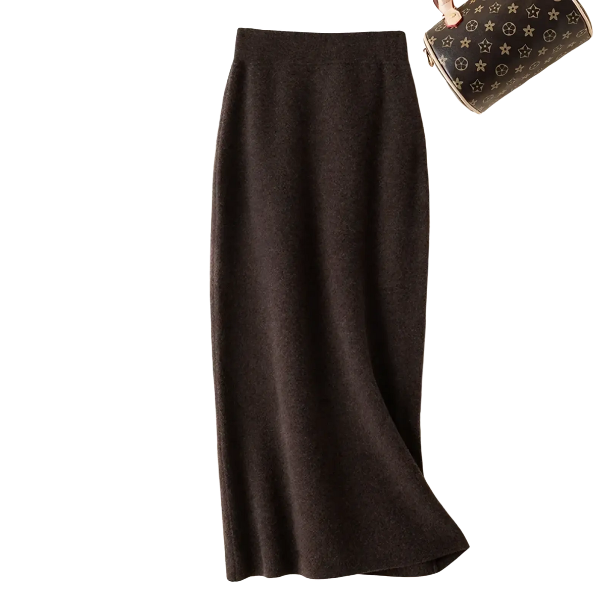 A sleek dark gray wool knit midi skirt with a high waisted pencil cut and smooth textured fabric
