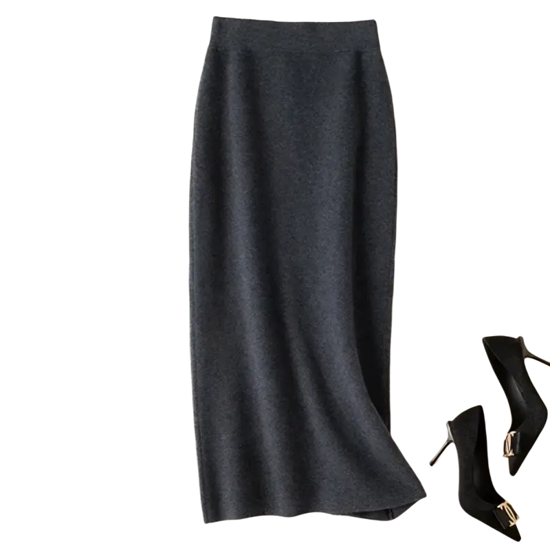A sleek mid-thigh length high waisted pencil skirt in dark gray heathered wool knit with subtle vertical ribbing