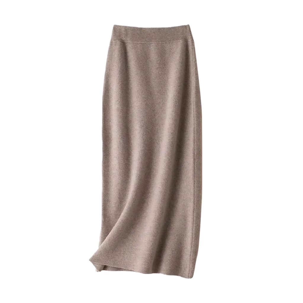 A soft taupe wool knit midi pencil skirt with a smooth textured fabric and elastic high waist waistband