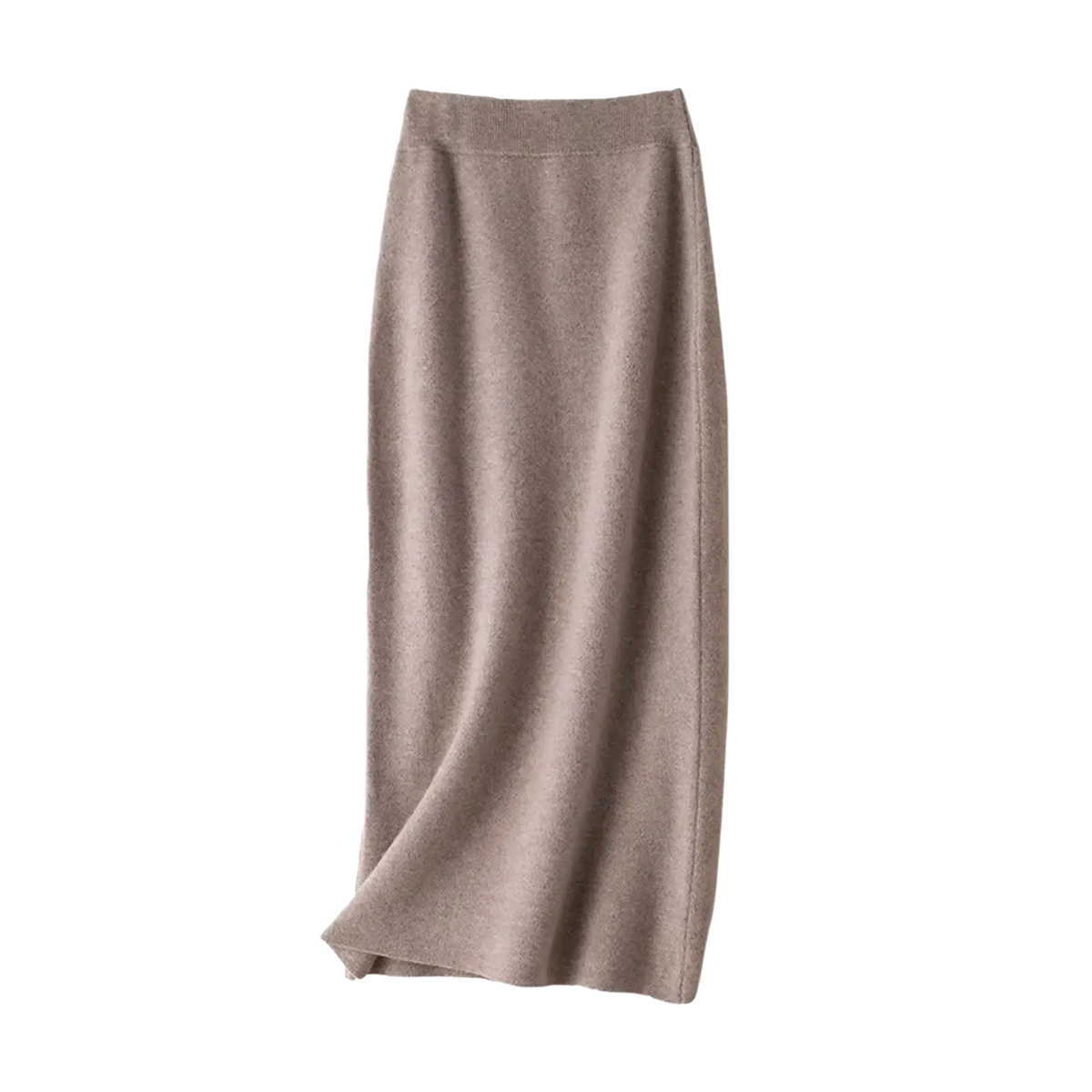 A soft taupe wool knit midi pencil skirt with a smooth textured fabric and elastic high waist waistband