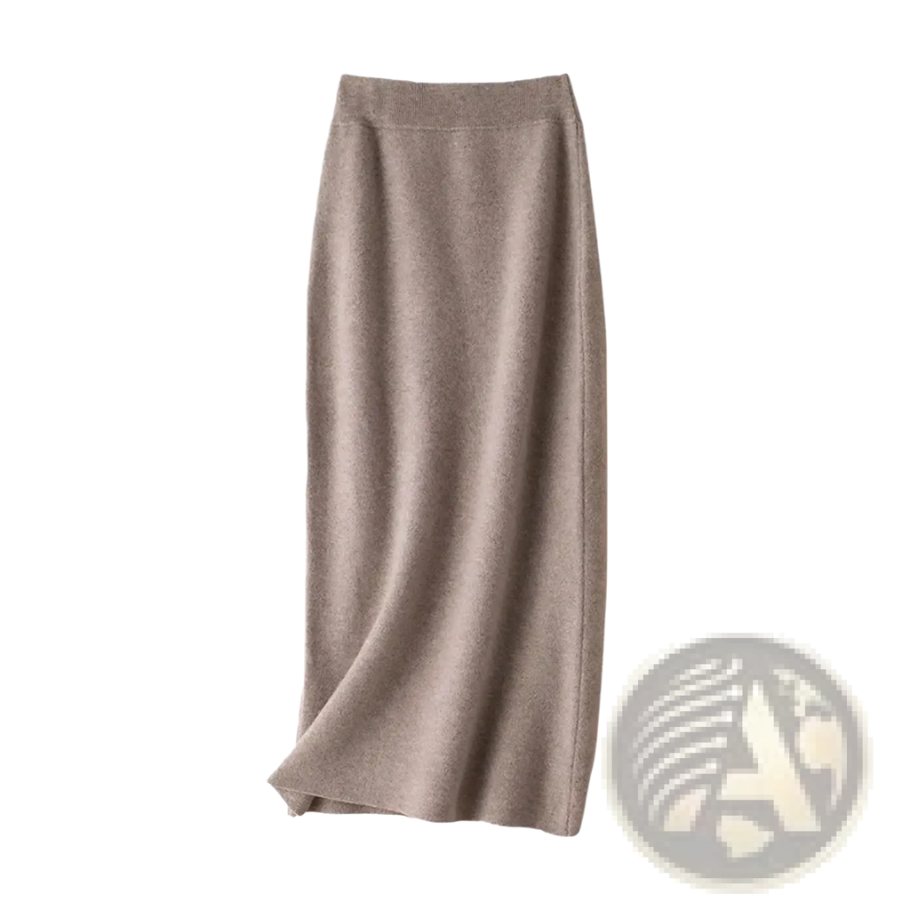 Wool knit midi skirt in soft taupe with high waisted elastic waistband and smooth textured fabric
