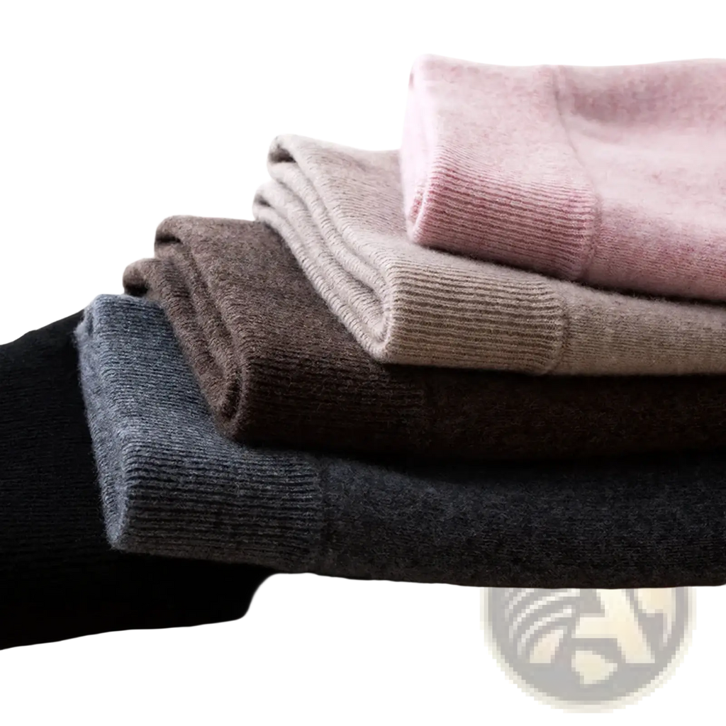 Stack of soft knit women’s shirts in dusty rose beige charcoal gray and black paired with wool knit midi skirt