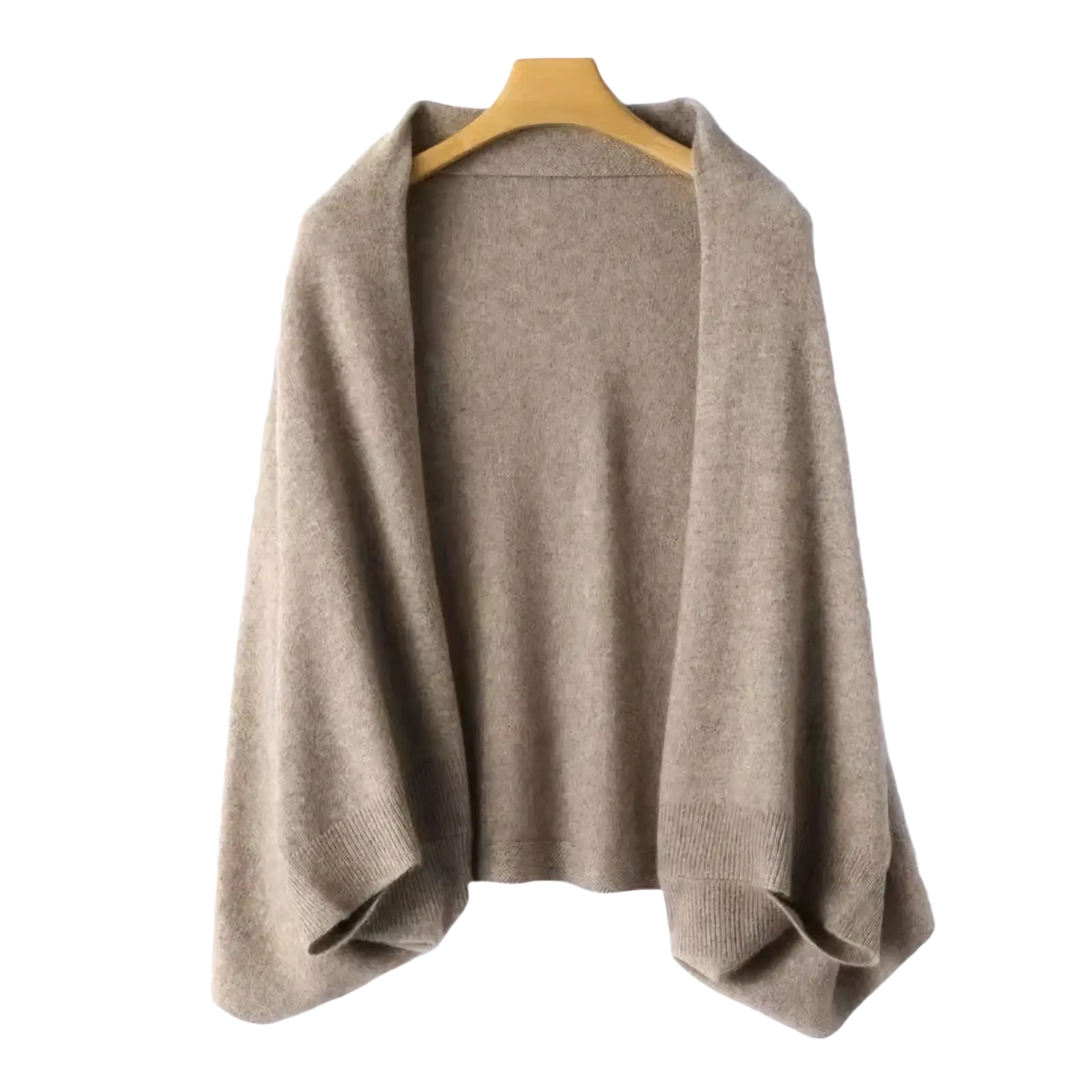 Beige cashmere wool knit shawl scarf cardigan wrap with soft textured knit and ribbed cuffs