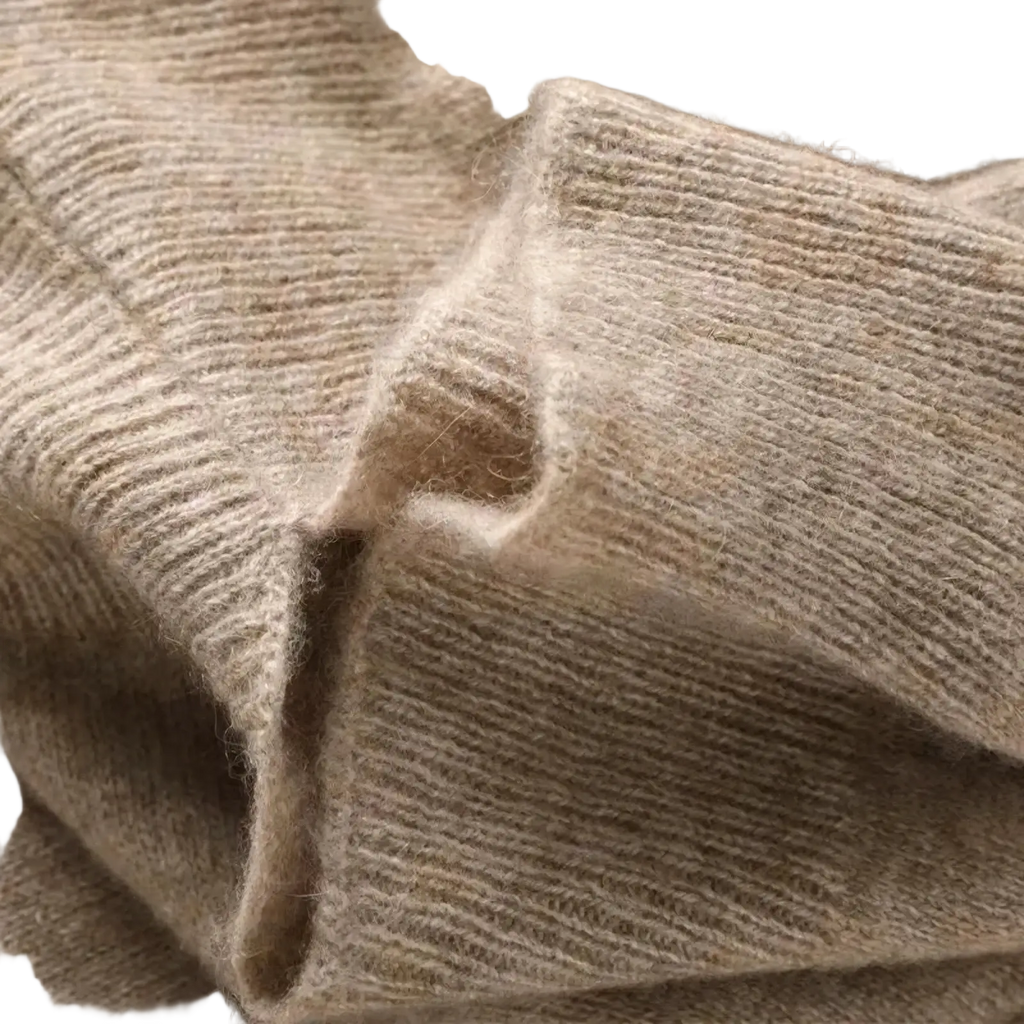 Beige wool knit shawl scarf cardigan wrap with a ribbed knit and soft fuzzy texture for cozy layering