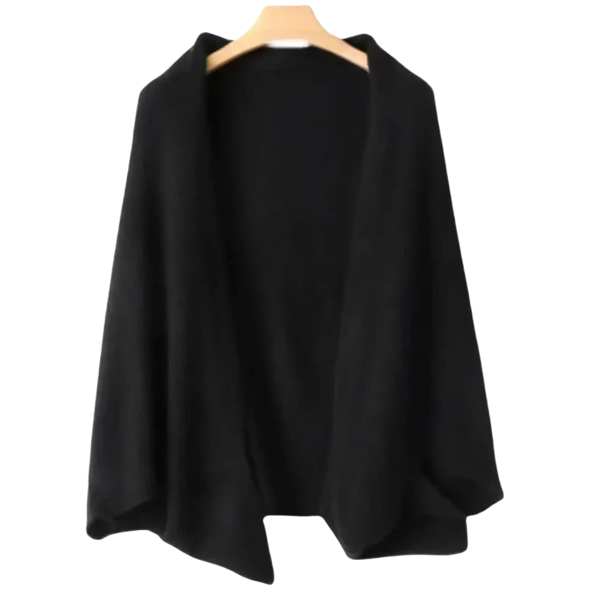 Black wool knit shawl scarf cardigan wrap with soft texture, relaxed fit, and wide sleeves for versatile layering