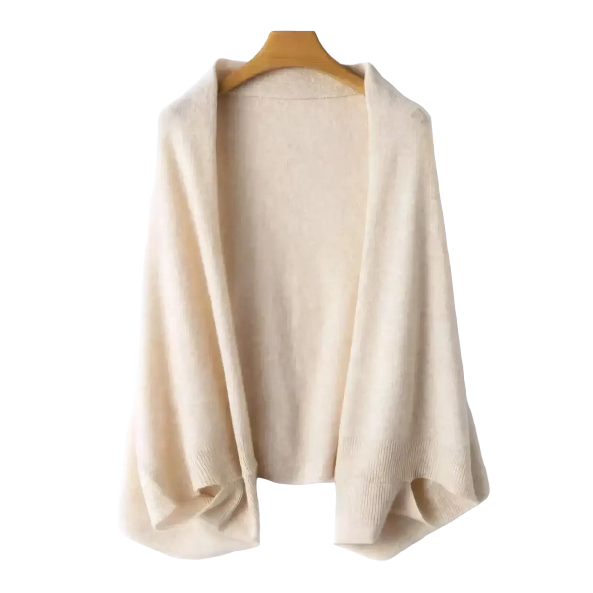 Cream-colored soft-knit wool scarf cardigan wrap with relaxed fit and ribbed cuffs ideal for layering and warmth