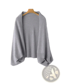 A soft light gray wool knit shawl scarf cardigan wrap with relaxed fit and wide sleeves on a wooden hanger