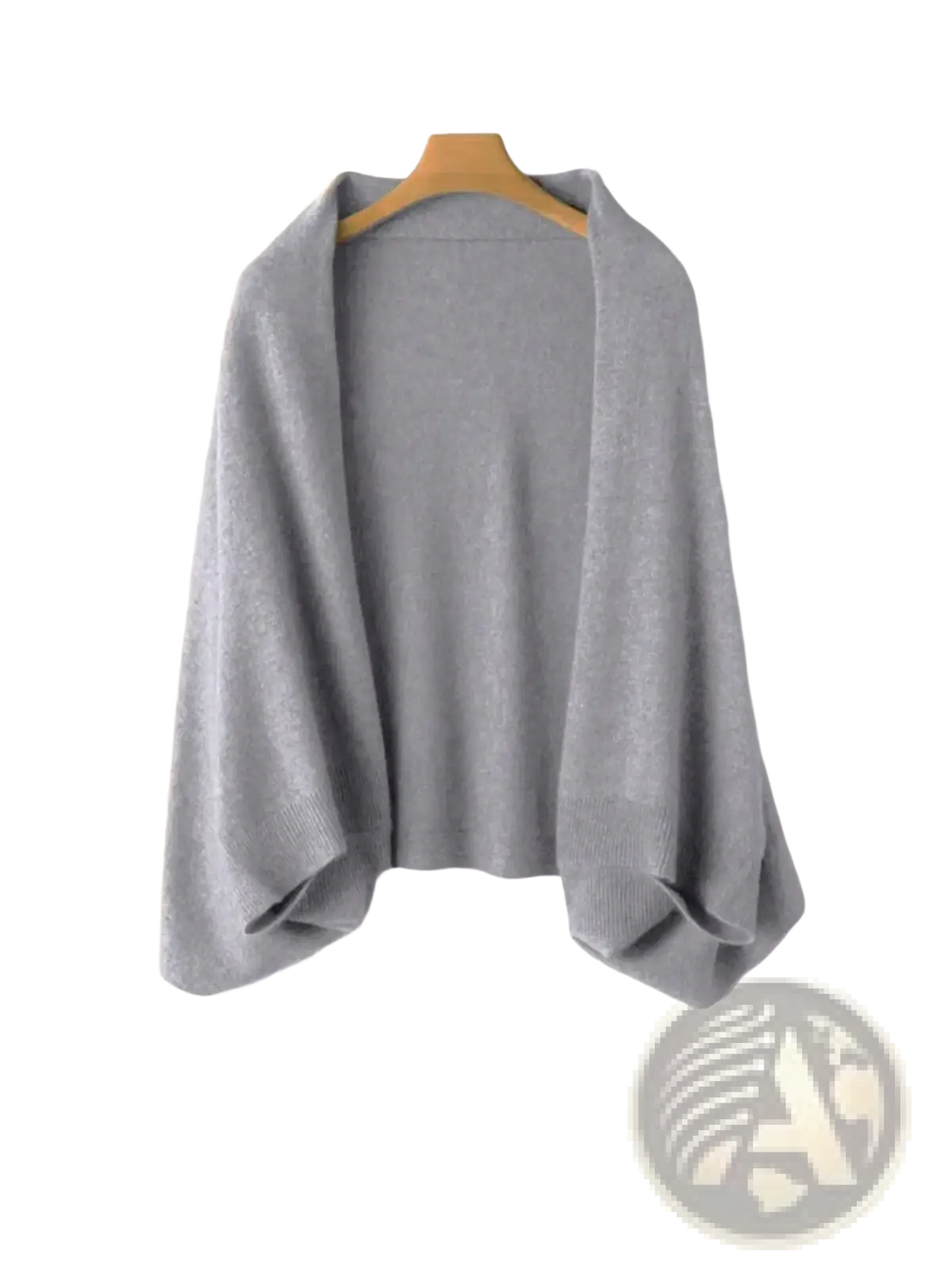 A soft light gray wool knit shawl scarf cardigan wrap with relaxed fit and wide sleeves on a wooden hanger