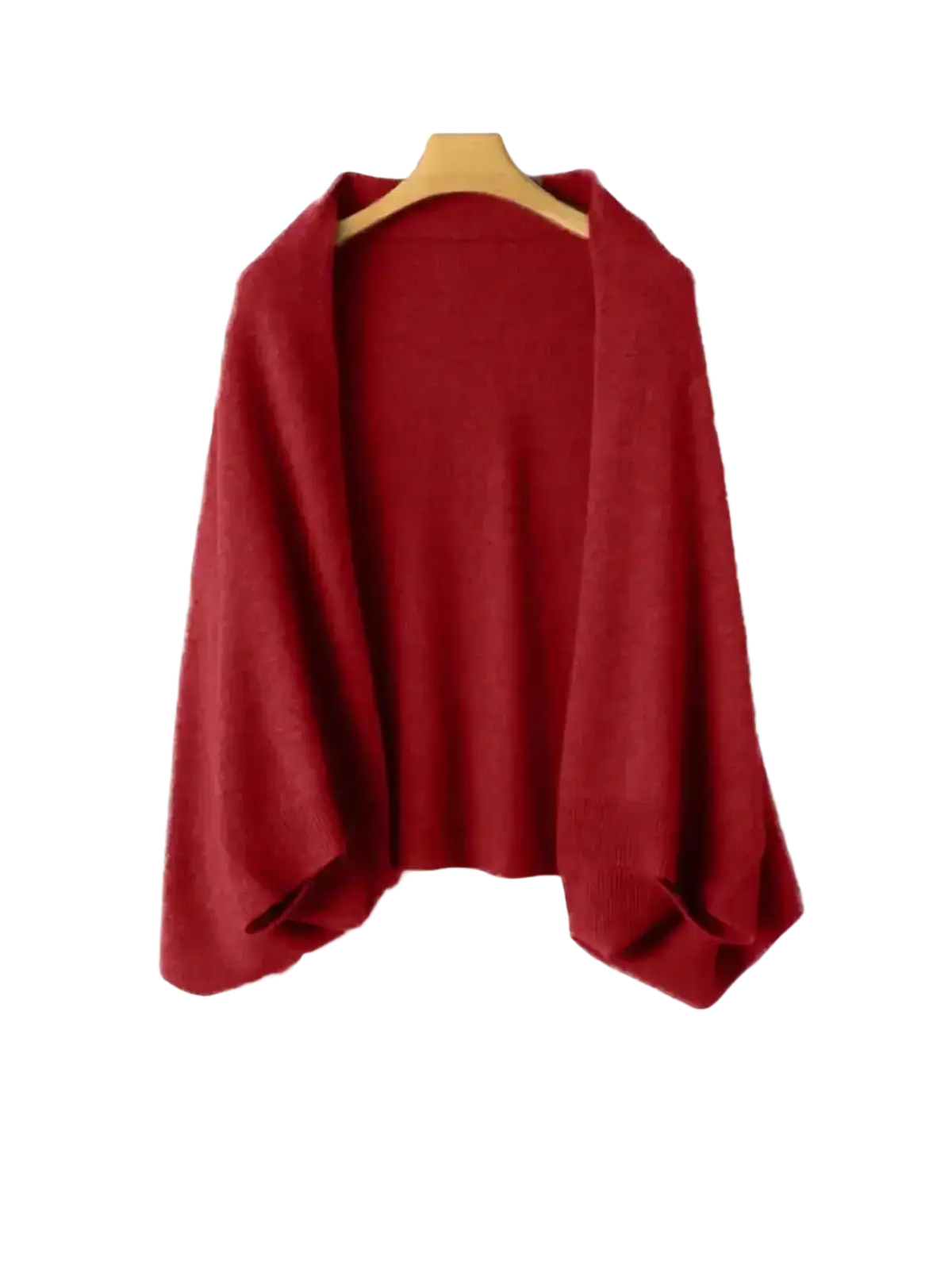 A rich crimson wool knit scarf cardigan wrap with soft texture, wide flowing sleeves, and a relaxed fit
