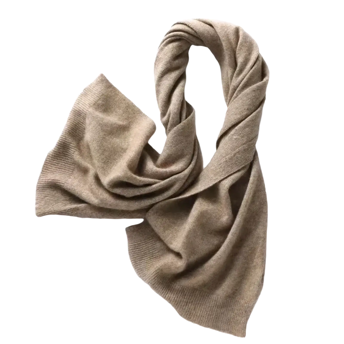 A soft beige cashmere wool knit shawl scarf cardigan wrap with ribbed edge and gentle folds