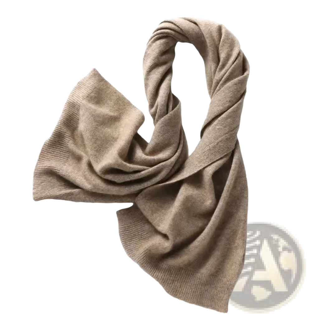 A soft beige cashmere wool knit shawl scarf cardigan wrap with ribbed edge and gentle folds