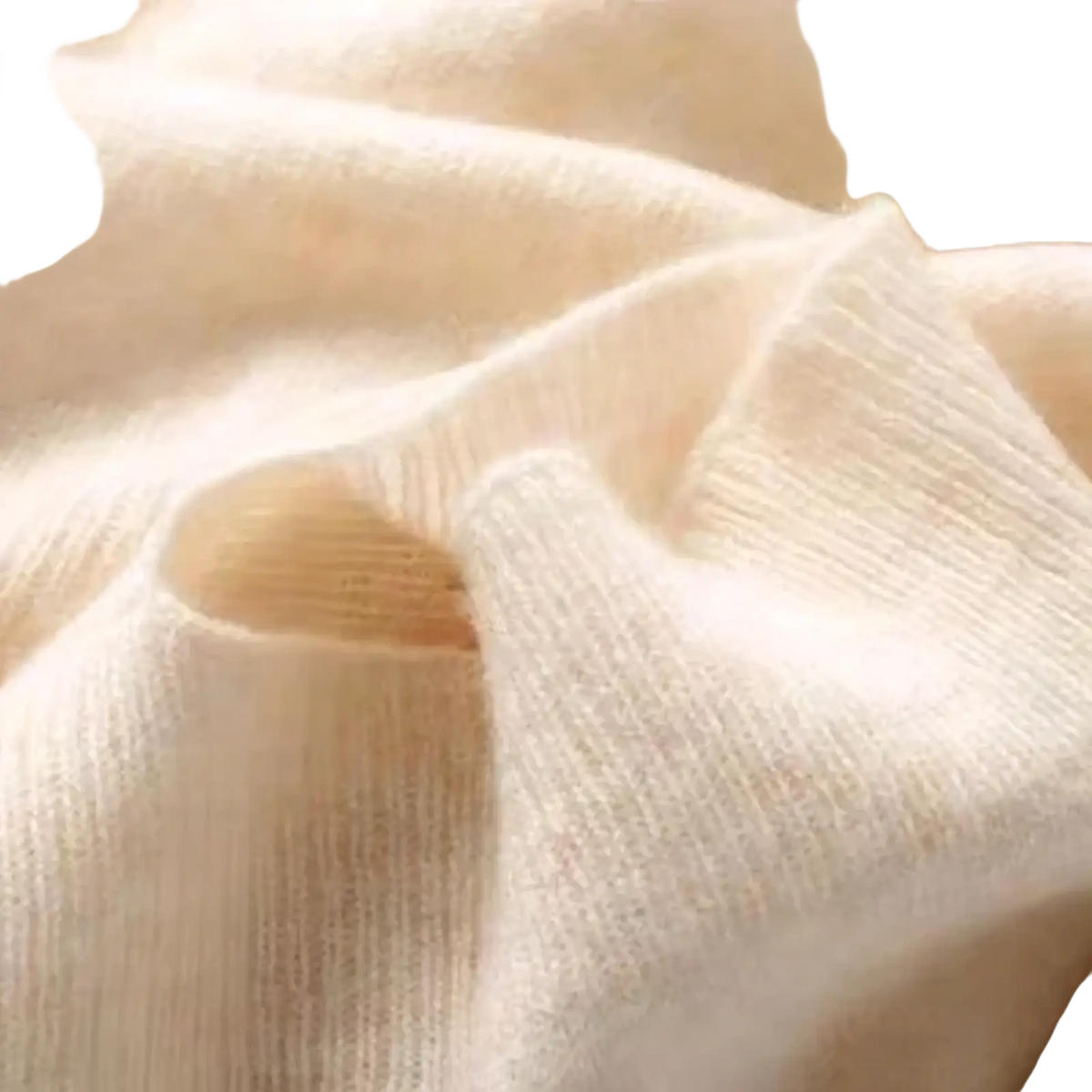 Soft cream-colored wool knit shawl scarf cardigan wrap with subtle ribbed texture in soft knit fabric