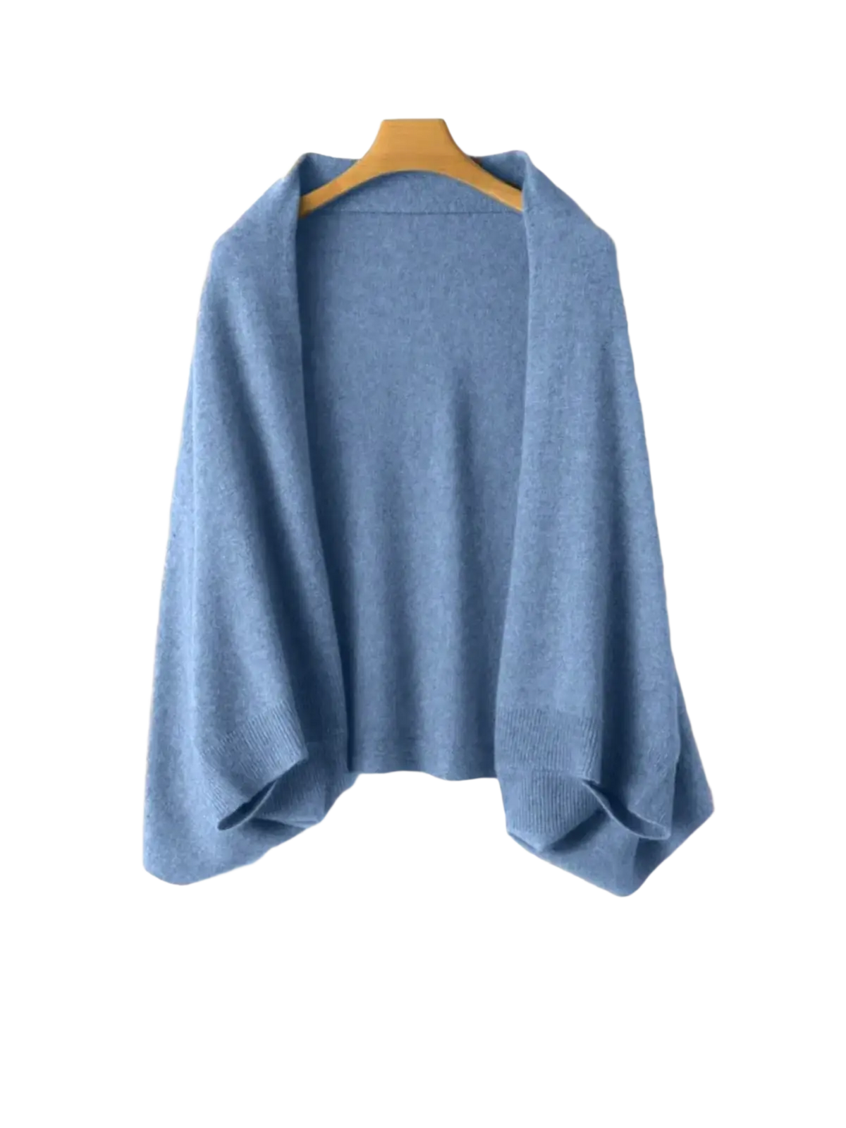 A soft light blue wool knit shawl scarf cardigan wrap with relaxed fit and wide sleeves
