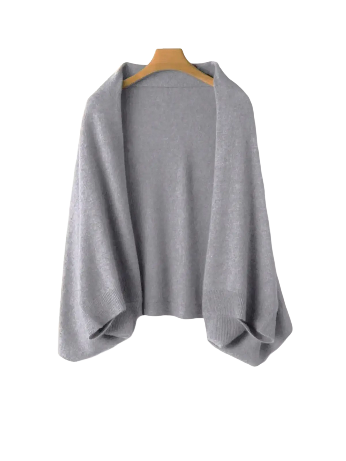 A soft light gray wool knit shawl scarf cardigan wrap with relaxed fit and wide sleeves on a wooden hanger