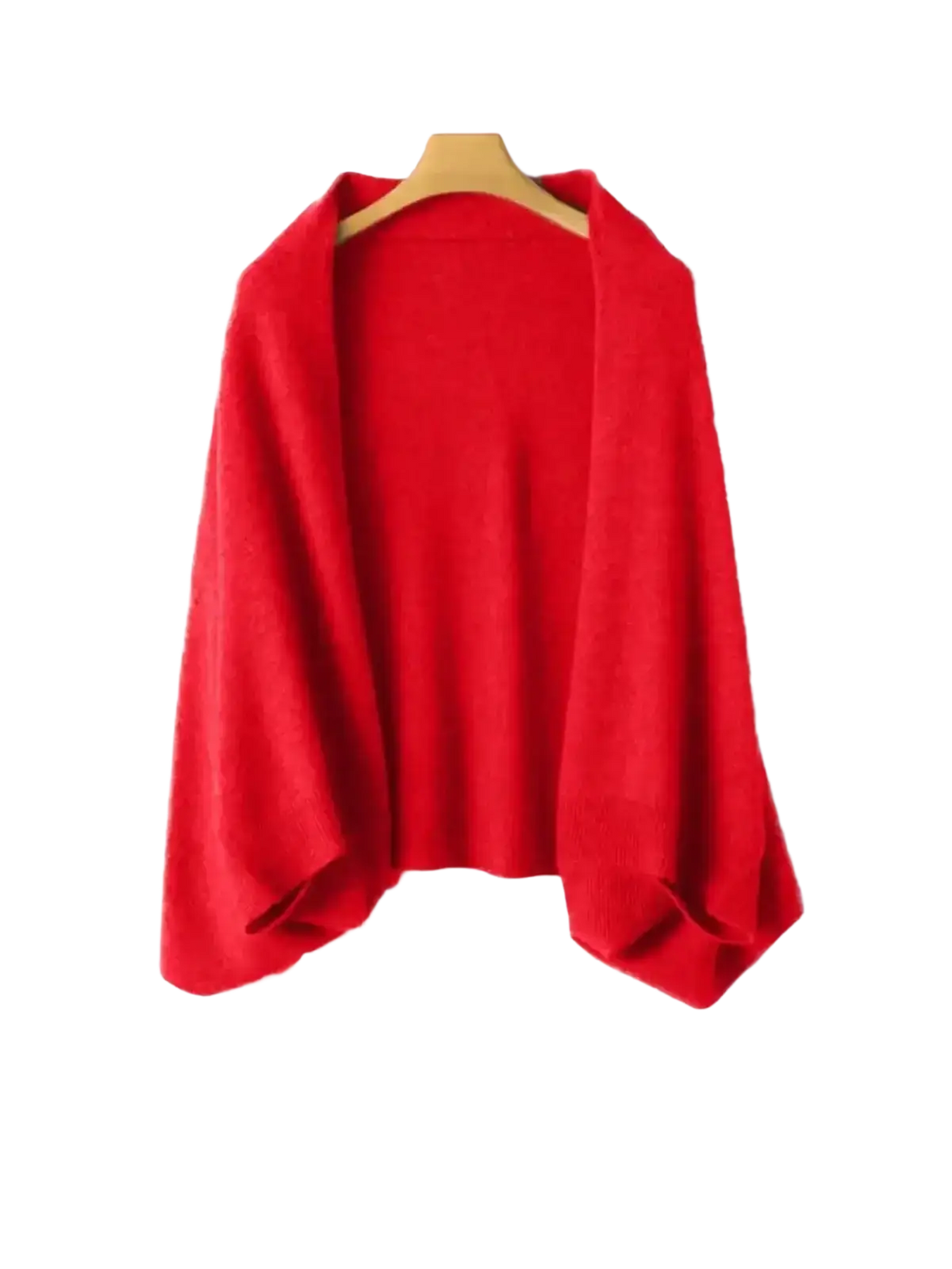 A vibrant red soft textured wool knit scarf cardigan wrap draped elegantly over a wooden hanger