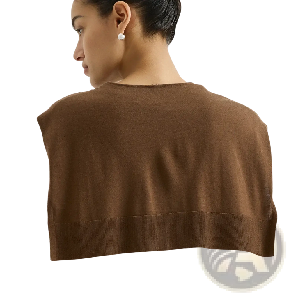 Brown wool knit sleeveless sleeved shoulder wrap cape scarf worn over white top showing front view