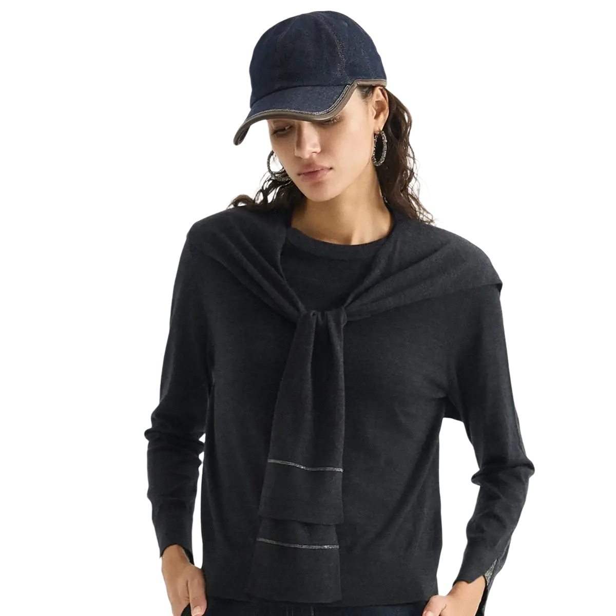 Dark blue denim baseball cap with stitched brim and subtle contrast stitching shown with wool knit shoulder wrap cape scarf