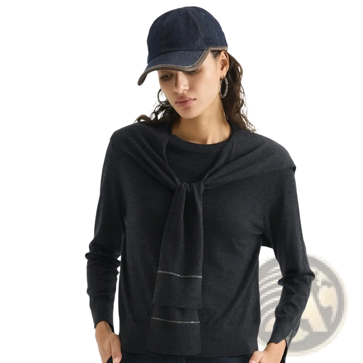 Dark blue denim baseball cap with stitched brim and subtle contrast stitching paired with wool knit shoulder wrap cape scarf
