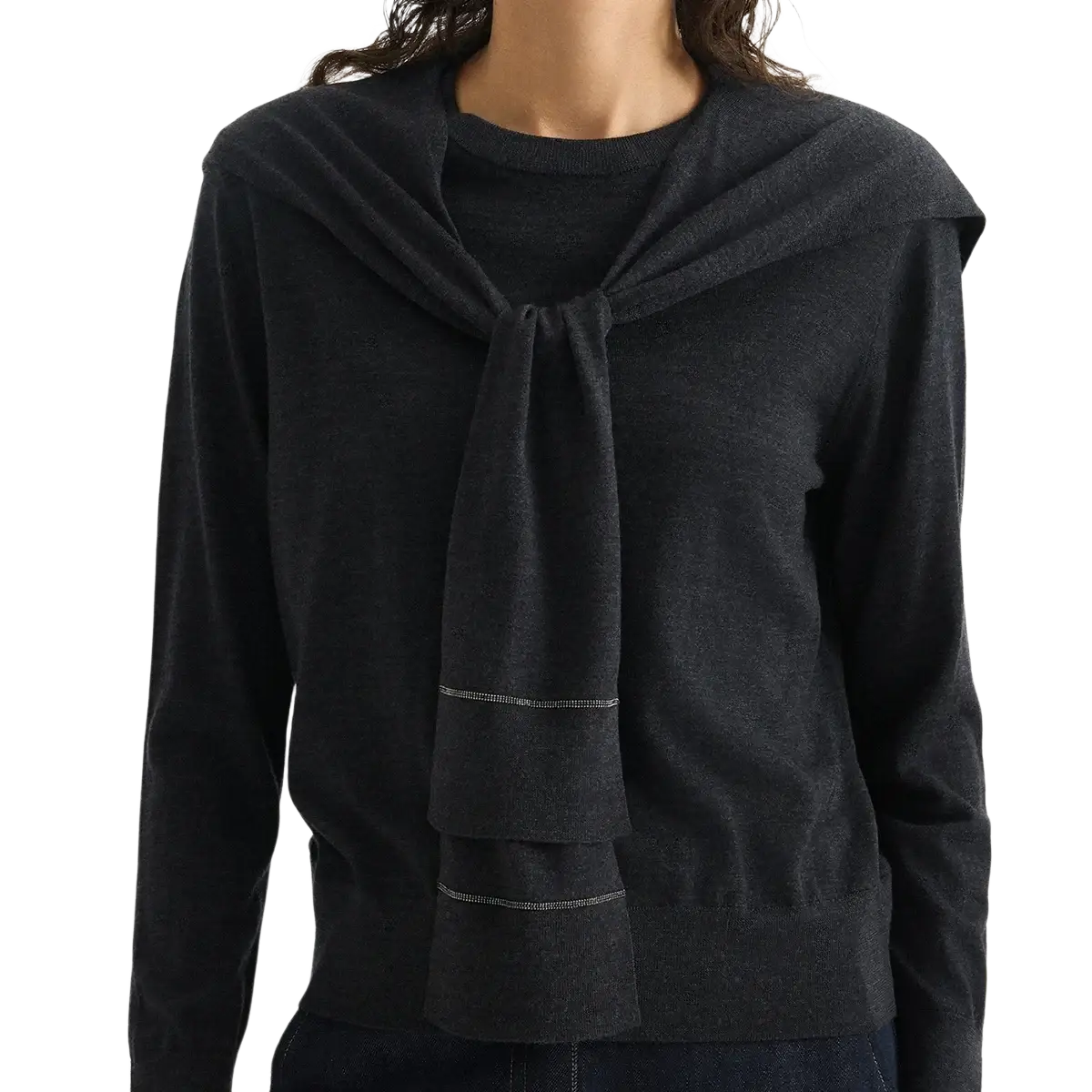 Dark gray wool knit shoulder wrap cape scarf with draped tied collar and subtle horizontal stitching details