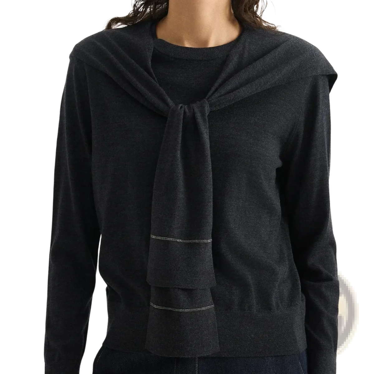 Dark gray wool knit shoulder wrap cape scarf with draped tied collar and subtle horizontal stitching details