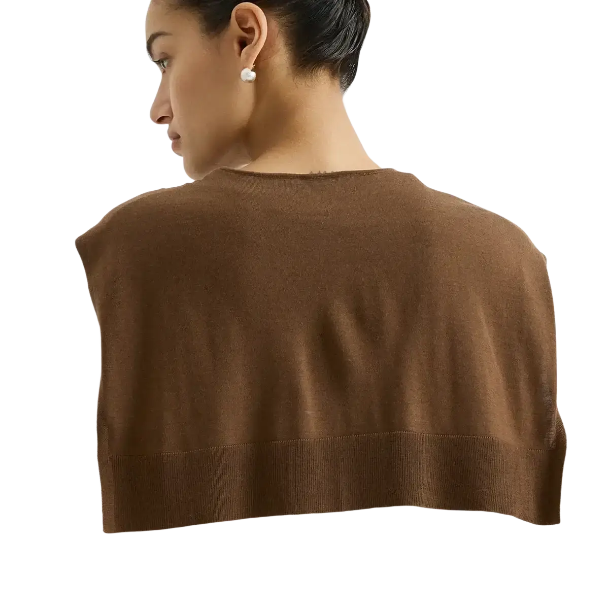 A soft warm brown wool knit shoulder wrap cape with ribbed hem and shoulder straps for comfortable wear