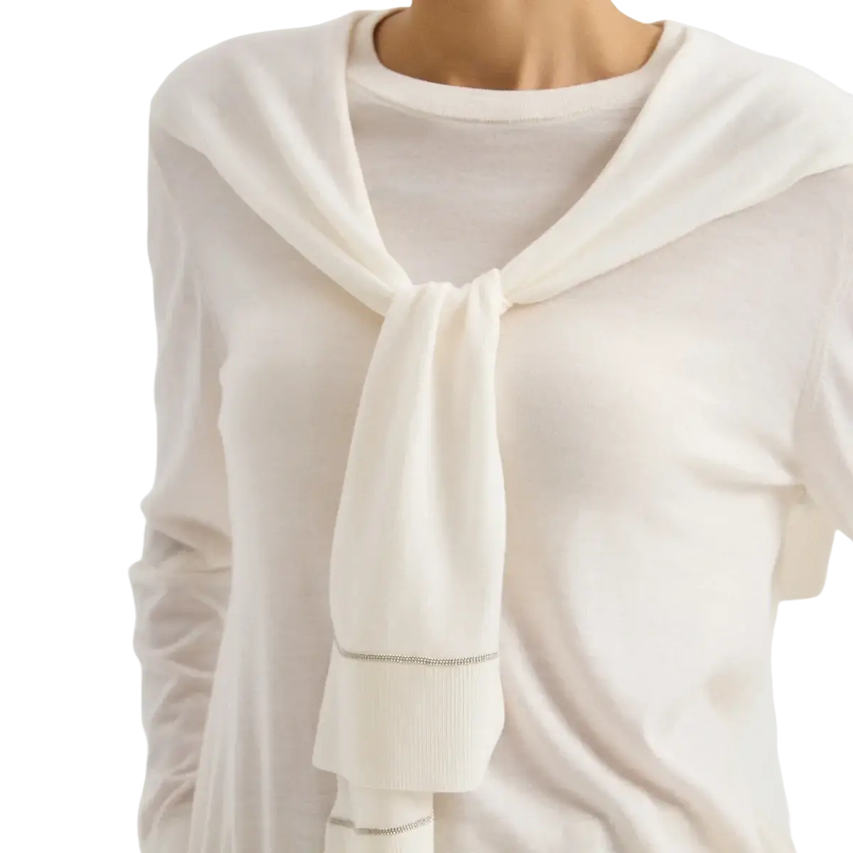 Wool knit shoulder wrap cape scarf in soft white with silver chain hem worn as stylish necktie over matching top