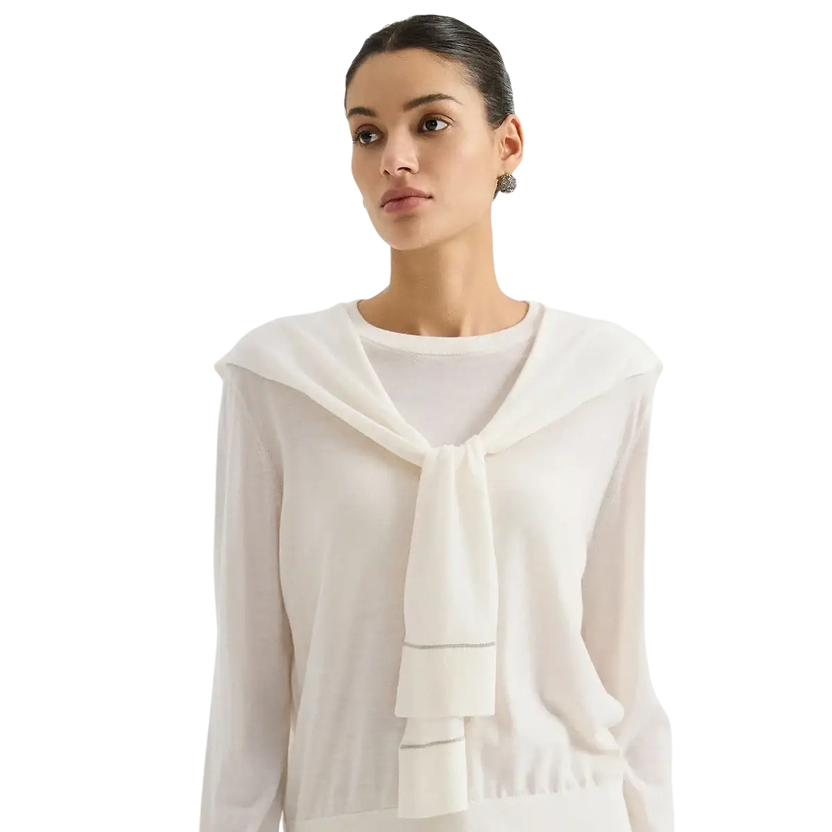 White serathinan wool knit shoulder wrap cape scarf with soft flowing sailor collar and subtle horizontal stitching details