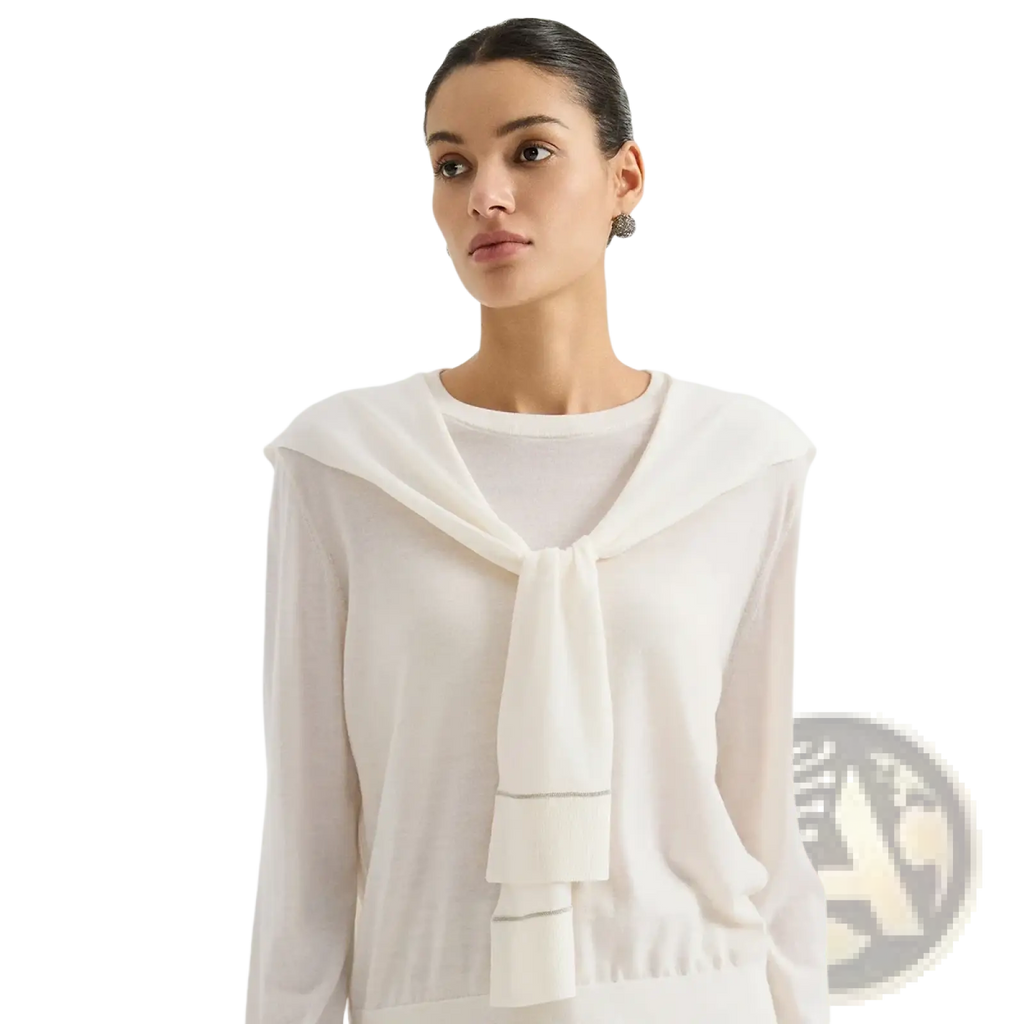 White serathinan wool knit shoulder wrap cape scarf with soft flowing sailor collar and subtle horizontal stitching details