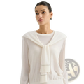 White sheer wool knit shoulder wrap cape scarf featuring a delicate sailor-style collar tied in a bow at front