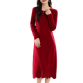 A rich red wool knit sweater dress with long sleeves round neckline and scalloped hem