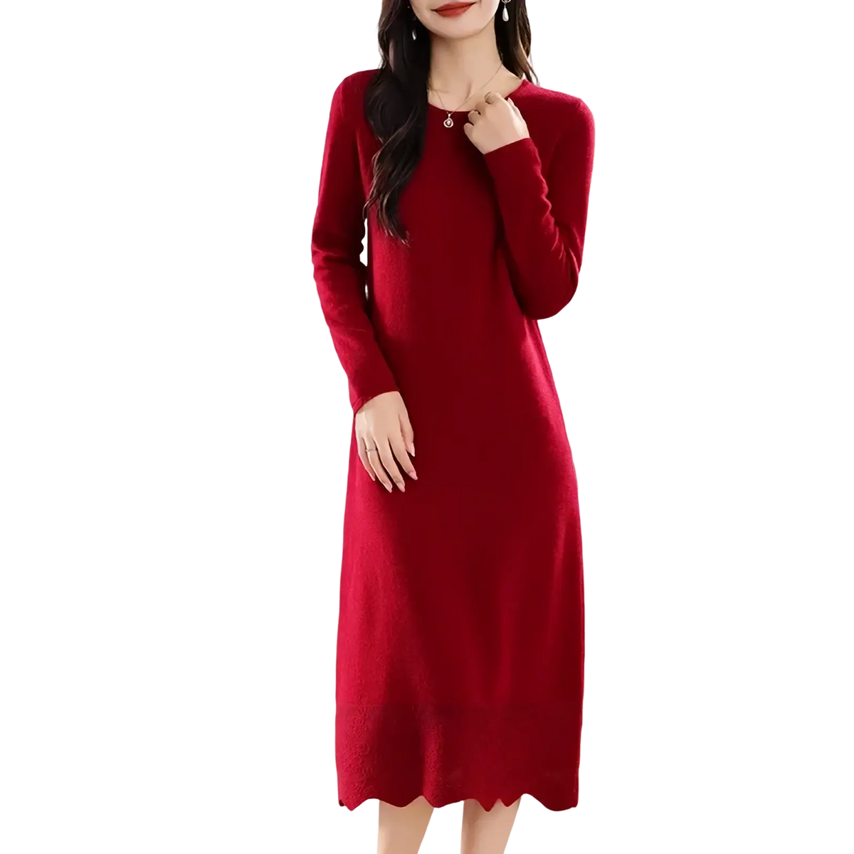 A rich red wool knit sweater dress with long sleeves round neckline and scalloped hem