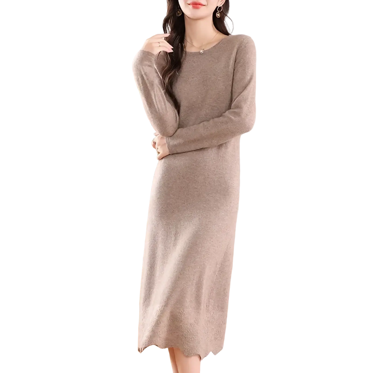 A soft beige wool knit sweater dress with long sleeves and a scalloped hem ideal for midi wear