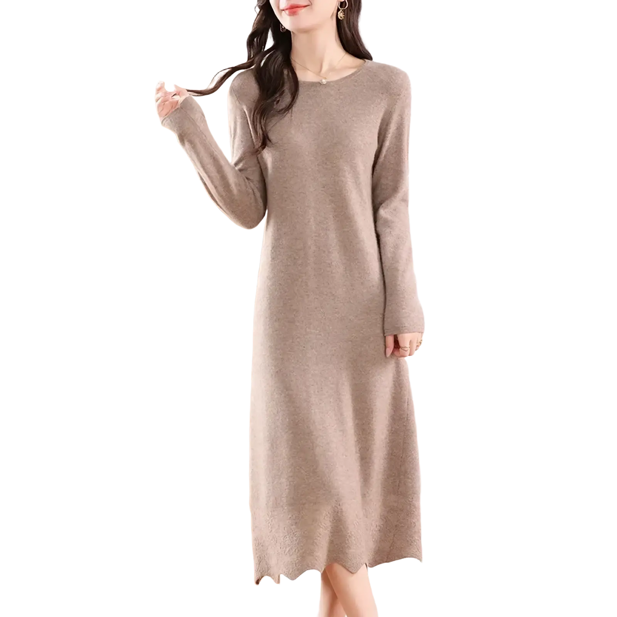 A soft beige wool knit sweater dress with long sleeves round neckline and scalloped hem
