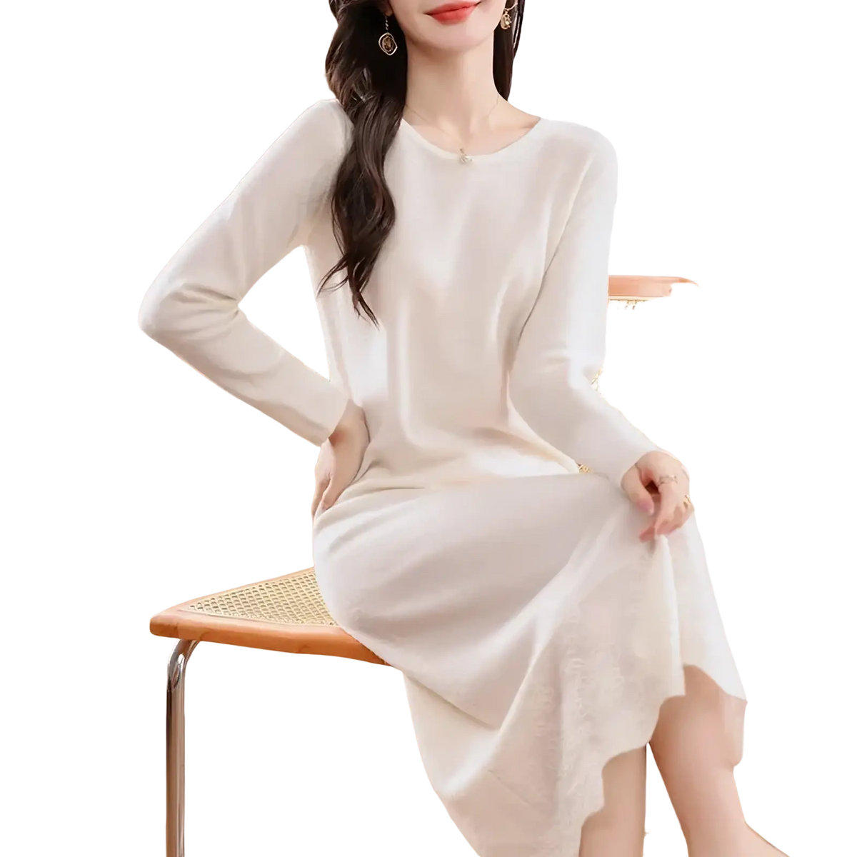 Off-white wool knit sweater dress with long sleeves round neckline and asymmetrical hemline