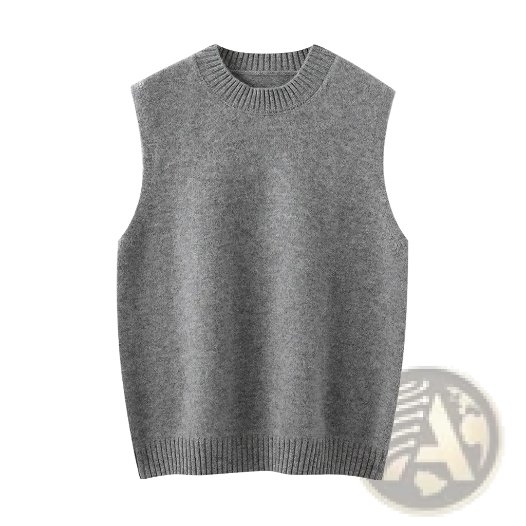 A soft heathered gray wool knit vest for women with ribbed crew neckline and hem casual autumn sweater outerwear