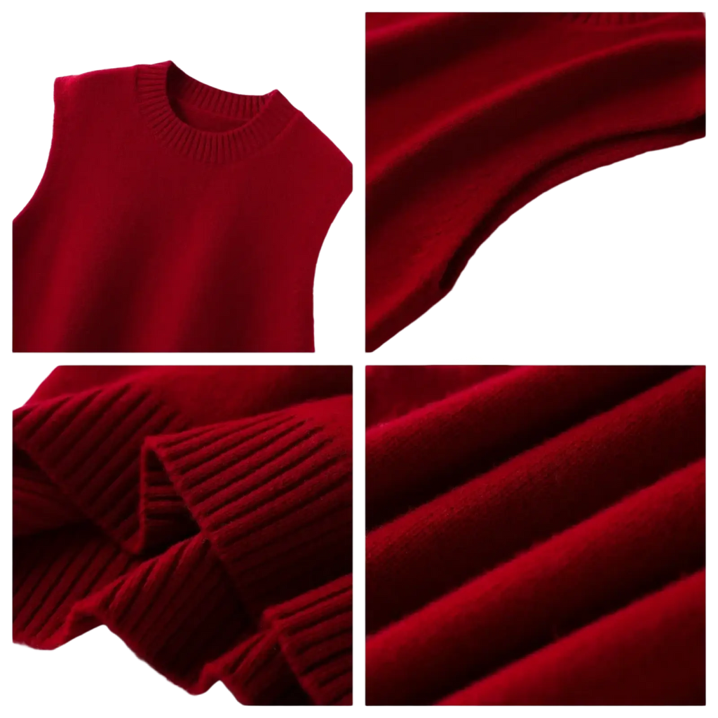 A rich crimson wool knit sleeveless sweater with ribbed crew neckline and cuffs for casual autumn outerwear