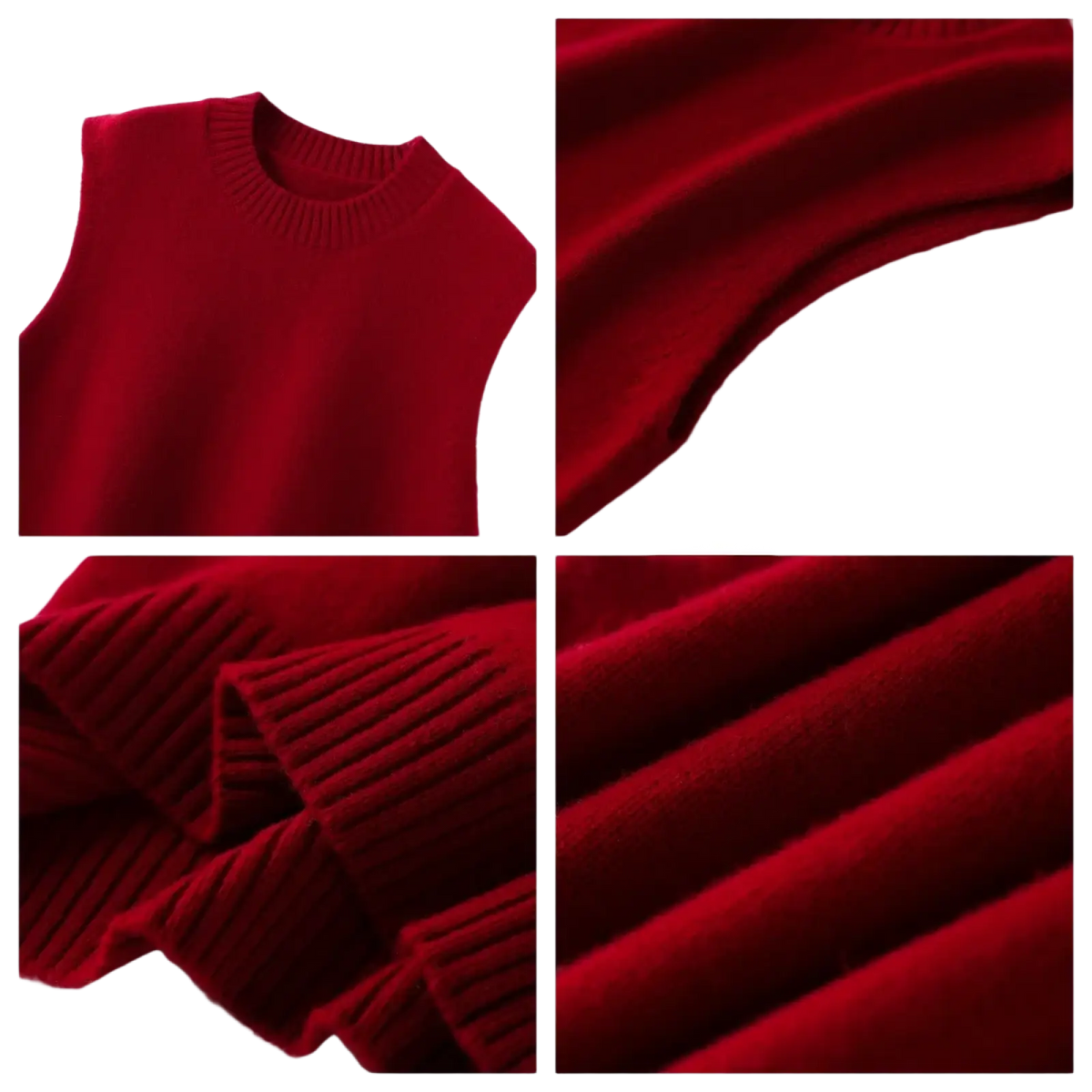 A rich crimson wool knit sleeveless sweater with ribbed crew neckline and cuffs for casual autumn outerwear