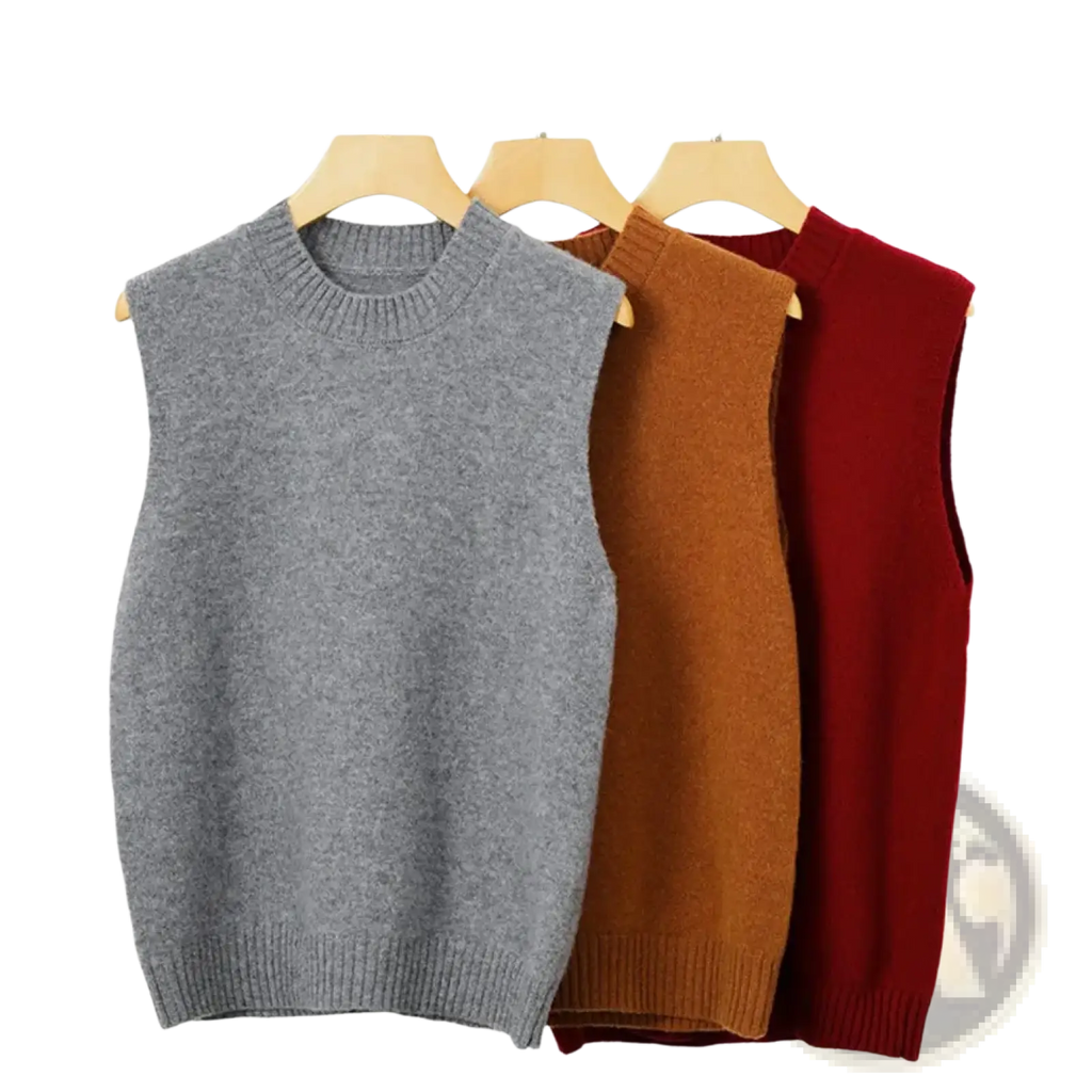 Three sleeveless wool knit vests for women in gray camel and burgundy casual autumn sweater outerwear