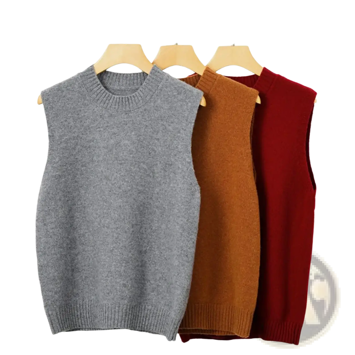 Three sleeveless wool knit vests for women in gray camel and burgundy casual autumn sweater outerwear
