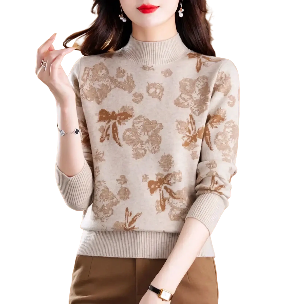 Beige wool mock neck sweater for women with long sleeves and intricate brown floral pattern winter pullover