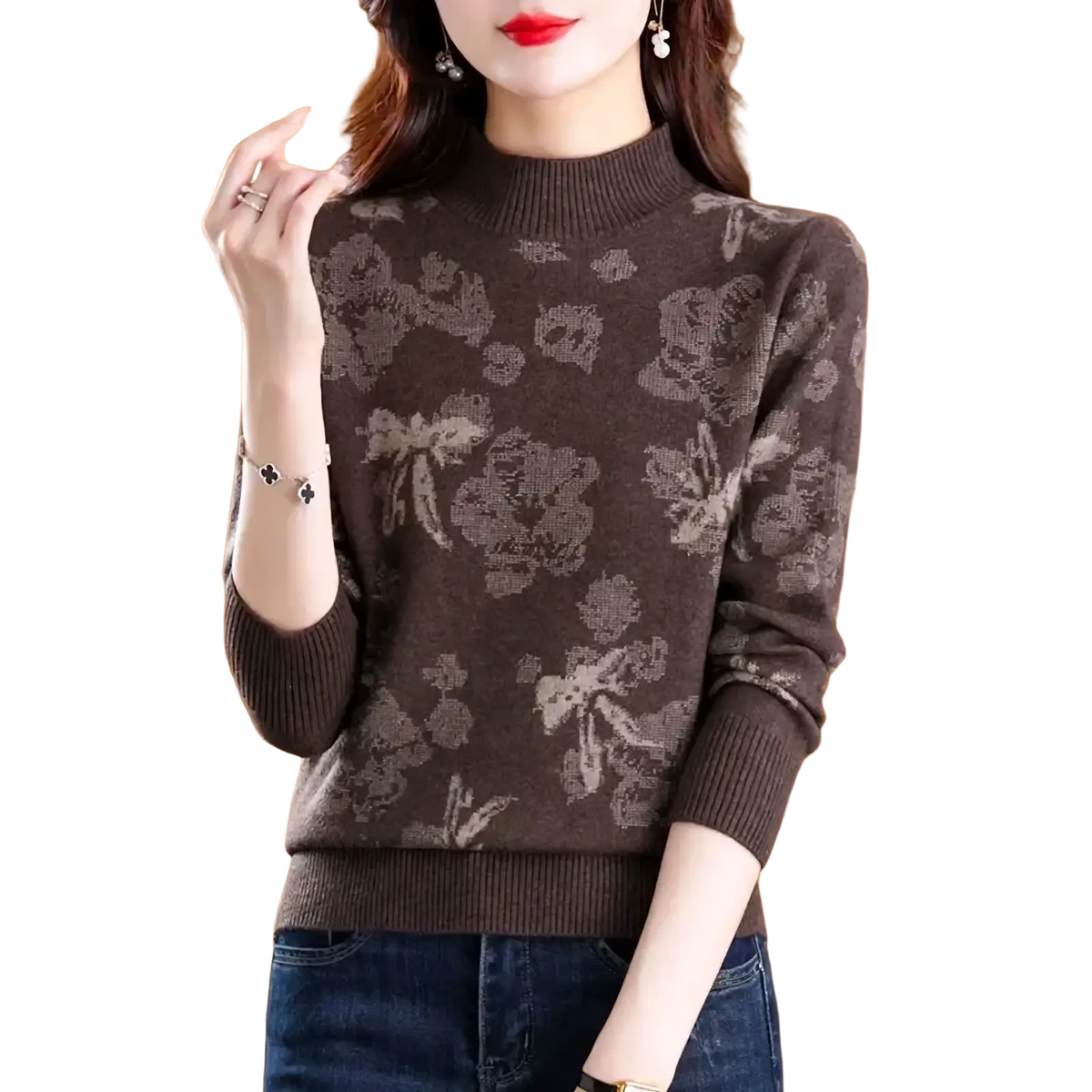 Brown floral wool knit mock neck sweater for women with ribbed cuffs ideal for winter wear