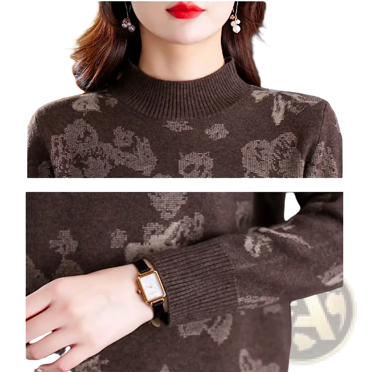 Brown wool mock neck sweater for women with subtle floral pattern and ribbed high neckline and cuffs for winter wear