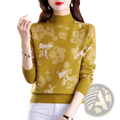 Olive green wool mock neck sweater for women with long sleeves and white floral knit pattern for winter wear