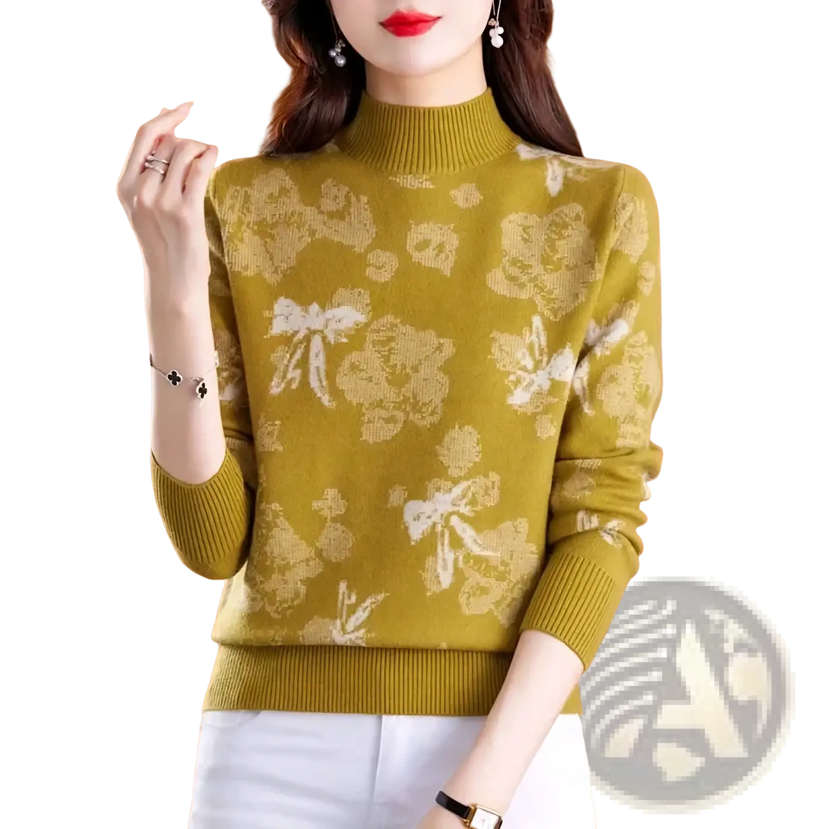 Olive green wool mock neck sweater for women with long sleeves and white floral knit pattern for winter wear