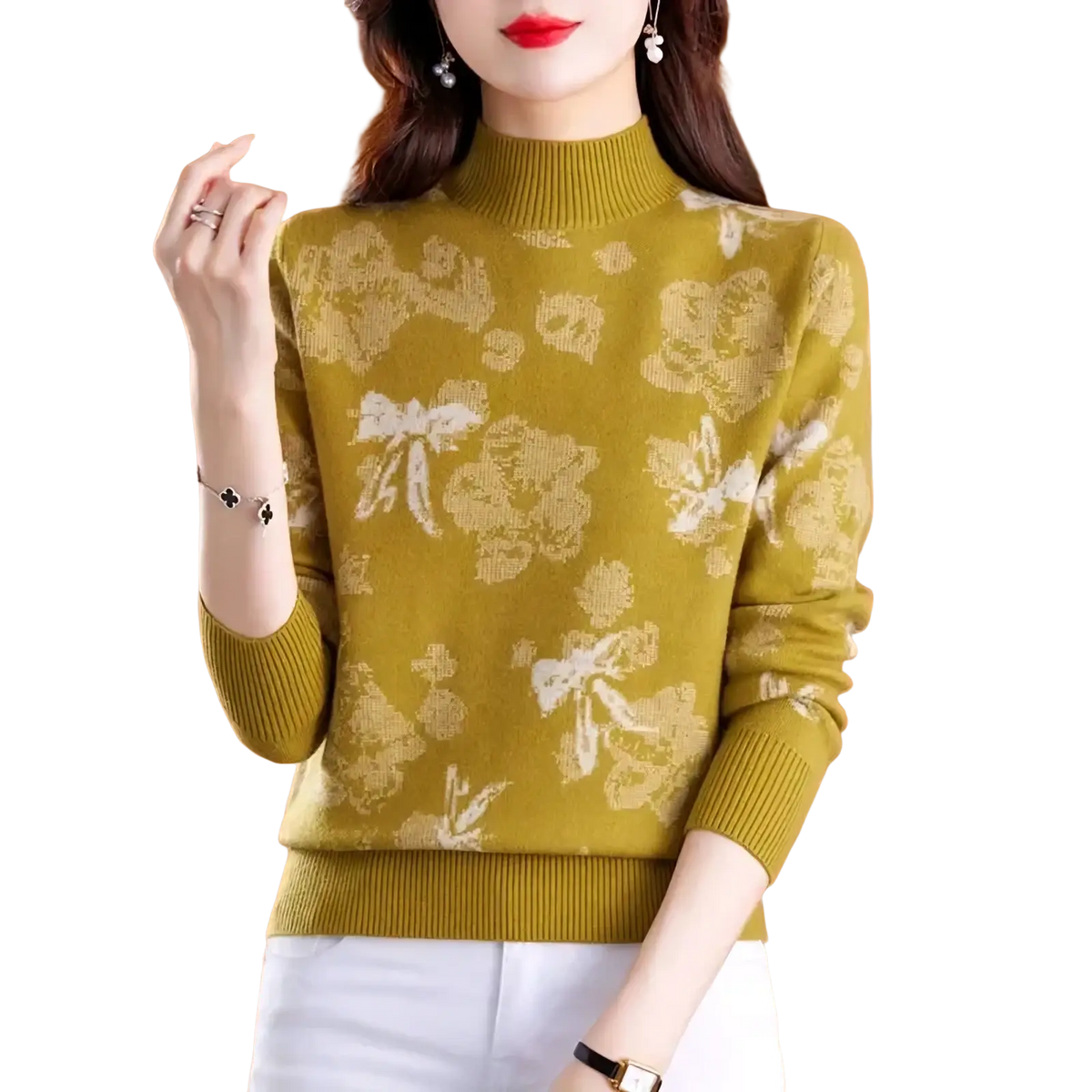 Olive green wool mock neck sweater for women with long sleeves and white floral knit pattern for winter wear