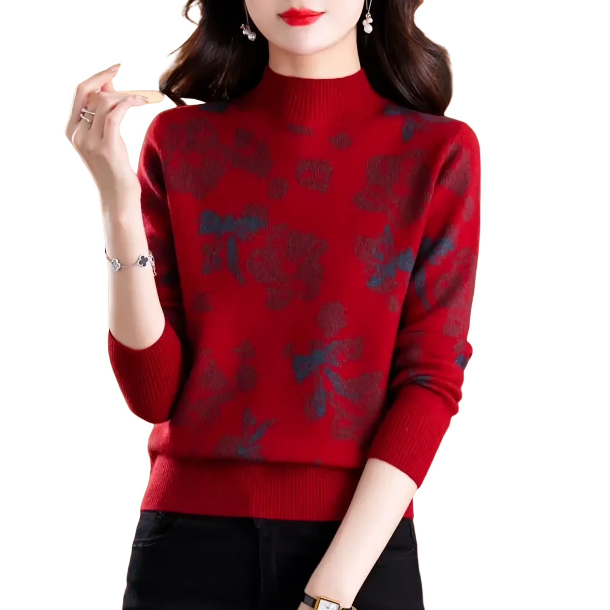 Red floral-patterned wool mock neck sweater with dark blue and black accents for women winter wear