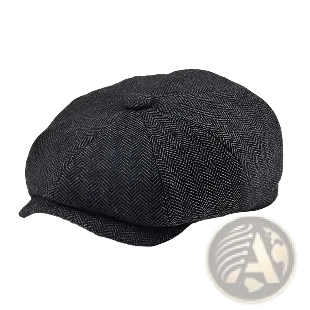 Dark gray herringbone wool newsboy hat for men with structured eight-panel design and short brim flat cap