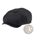 Dark gray herringbone wool newsboy hat for men with structured eight-panel design and short brim flat cap