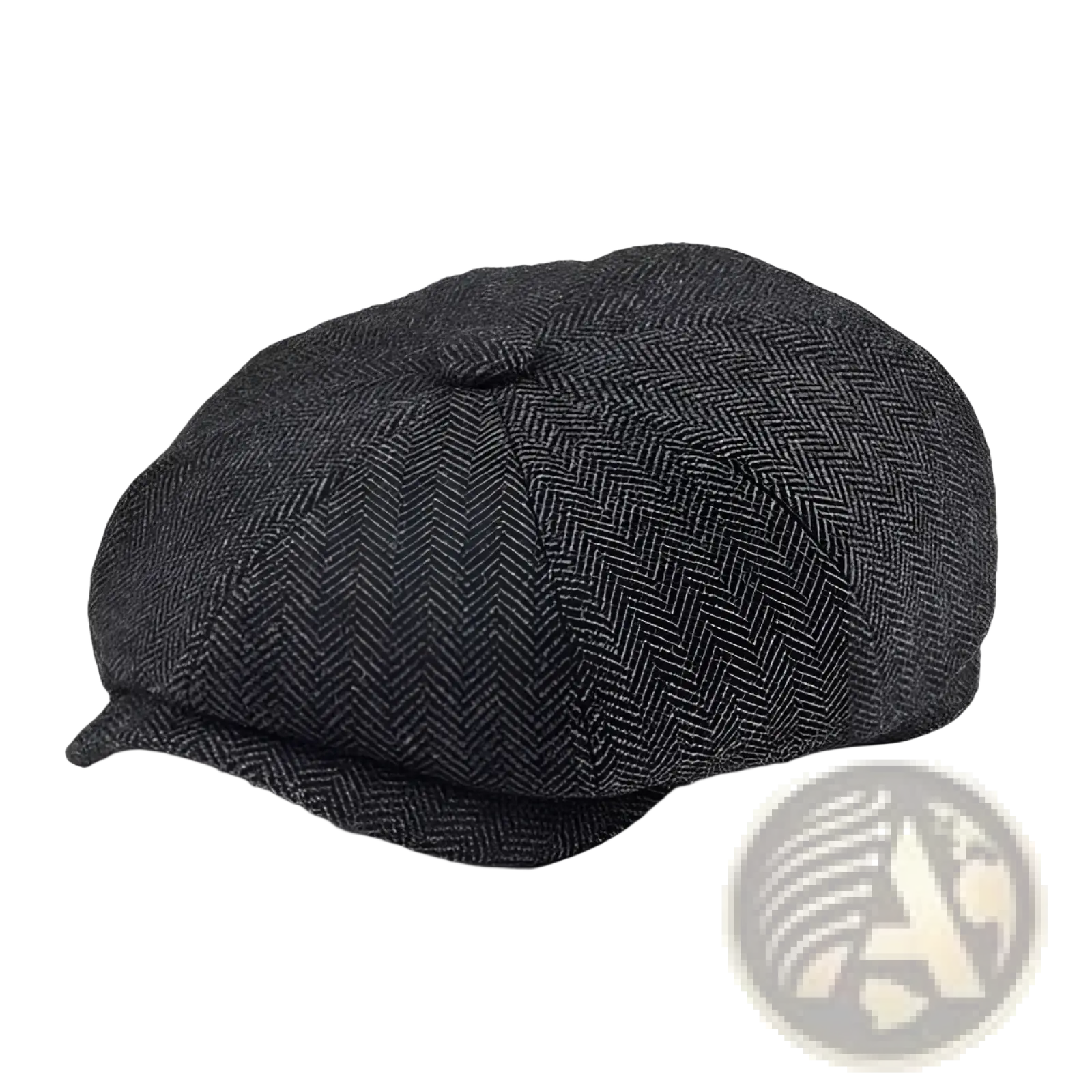 Dark gray herringbone wool newsboy hat for men with structured eight-panel design and short brim flat cap